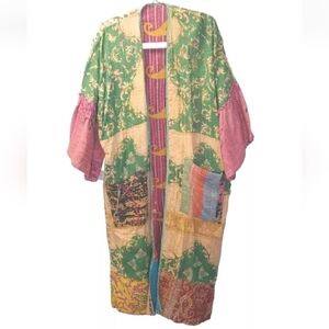 Kantha Patchwork Kimono Jacket Reversible Colorful Boho Patch Pockets O/S #C
